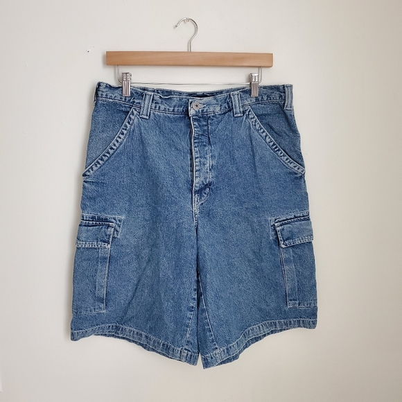 90s Vintage Guess Button Fly Carpenter Cargo Denim Shorts Baggy Jorts Size 34 - Picture 1 of 7